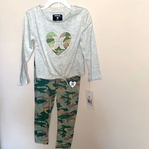 Hurley, two piece camo print set long sleeve with leggings. Size 3T.